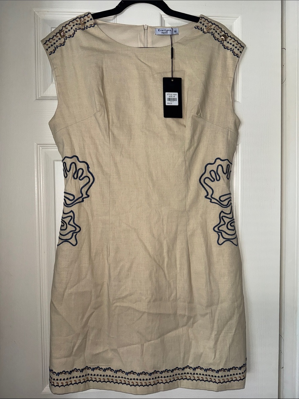 Everlynn Cream Shift Dress with Navy Embroidery